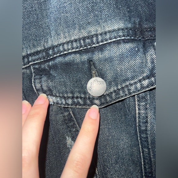 Free People Distressed Cropped Denim Jacket Grey Hoodie Sleeves Medium - Picture 6 of 8